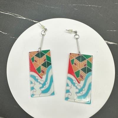 Long Multicolor Marbled Bead Dangle Earrings Blue Purple Drop Statement Hook - Thumbnail 6