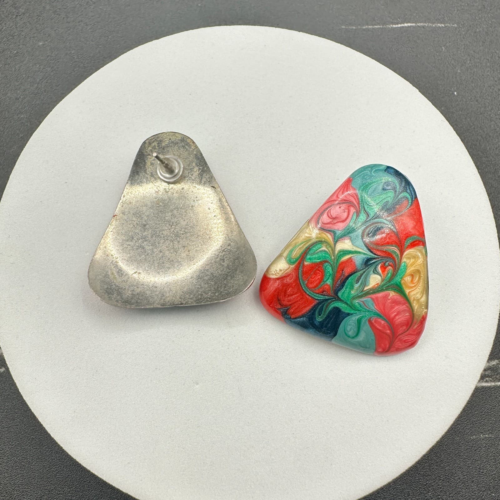 Vintage Multicolor Swirled Shimmer Marbled Abstract Post Screw-Back Earrings - Thumbnail 7