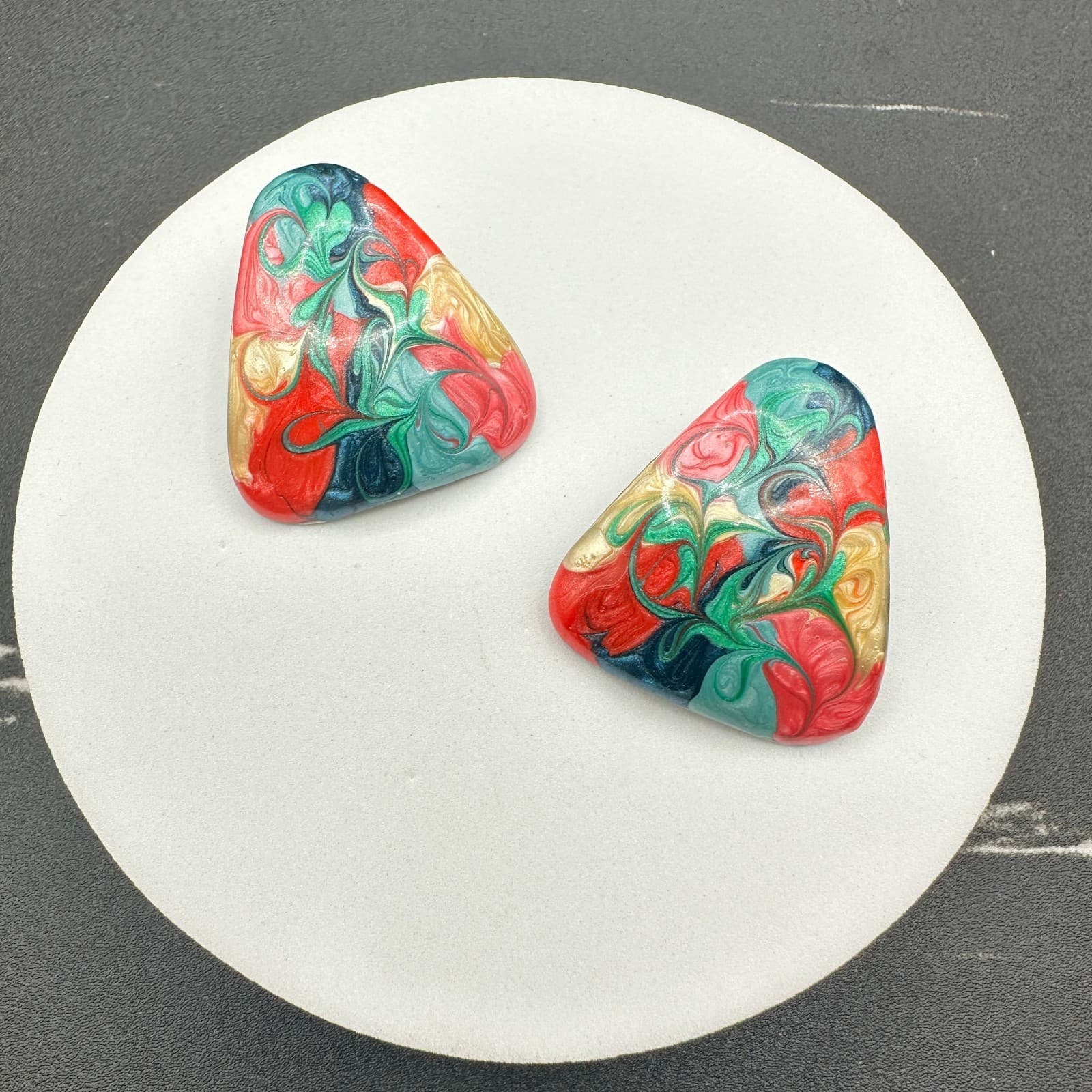 Vintage Multicolor Swirled Shimmer Marbled Abstract Post Screw-Back Earrings - Thumbnail 6