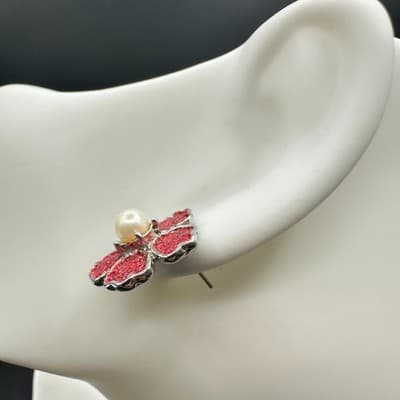 Vintage 90s Silver Tone Red Glitter Flower Stud Earrings Faux Pearl Center Post - Thumbnail 5