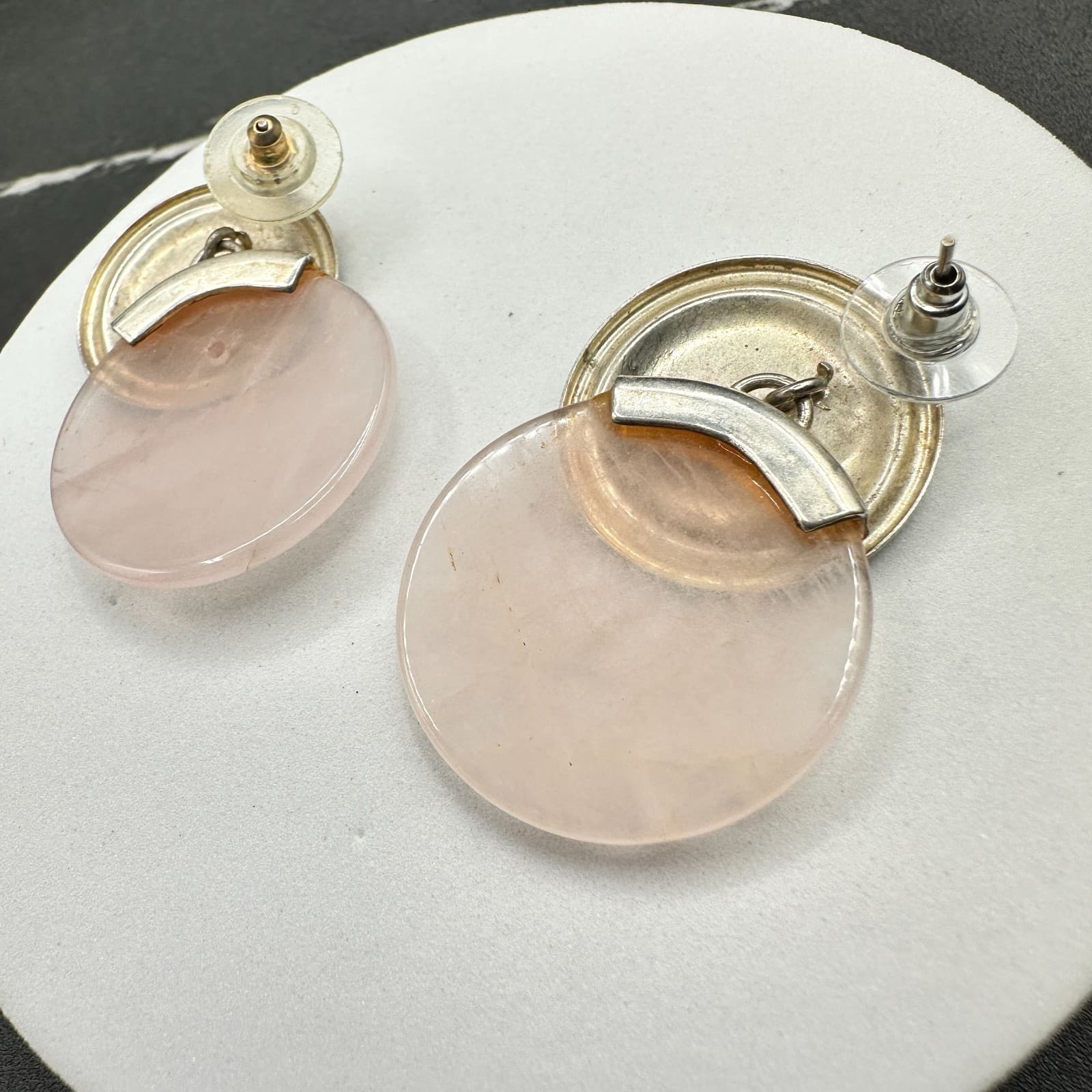 Modern Two-Tone Classic Fashion Aluminium Glass Rose Quartz Drop Stud Earrings - Thumbnail 2