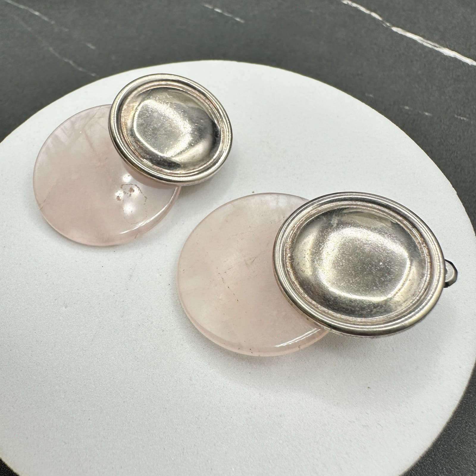 Modern Two-Tone Classic Fashion Aluminium Glass Rose Quartz Drop Stud Earrings - Thumbnail 4