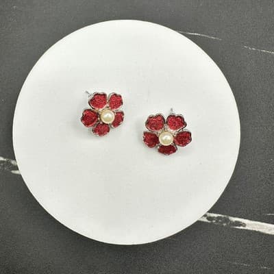 Vintage 90s Silver Tone Red Glitter Flower Stud Earrings Faux Pearl Center Post - Thumbnail 8