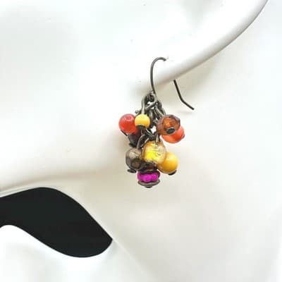Boho Multicolor Erica Zap Plastic Glass Bead Cluster Dangle Hook Earrings - Thumbnail 2