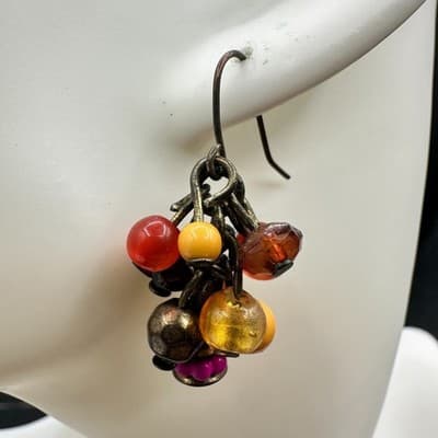Boho Multicolor Erica Zap Plastic Glass Bead Cluster Dangle Hook Earrings - Thumbnail 3