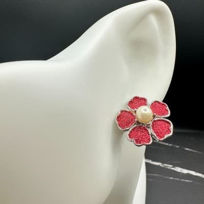 Vintage 90s Silver Tone Red Glitter Flower Stud Earrings Faux Pearl Center Post - Thumbnail 2