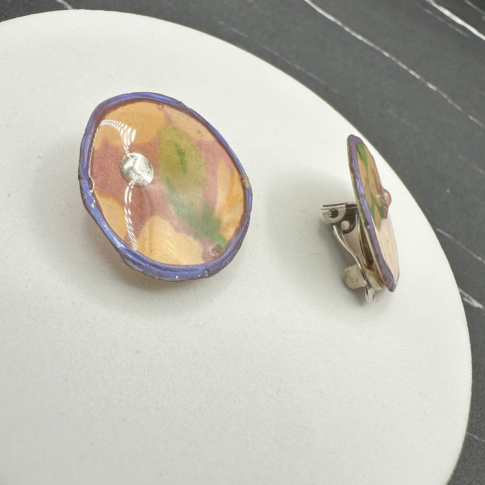 Vintage Handmade Women's Multicolor Tie Dye Floral Fabric Button Stud Earrings - Thumbnail 4