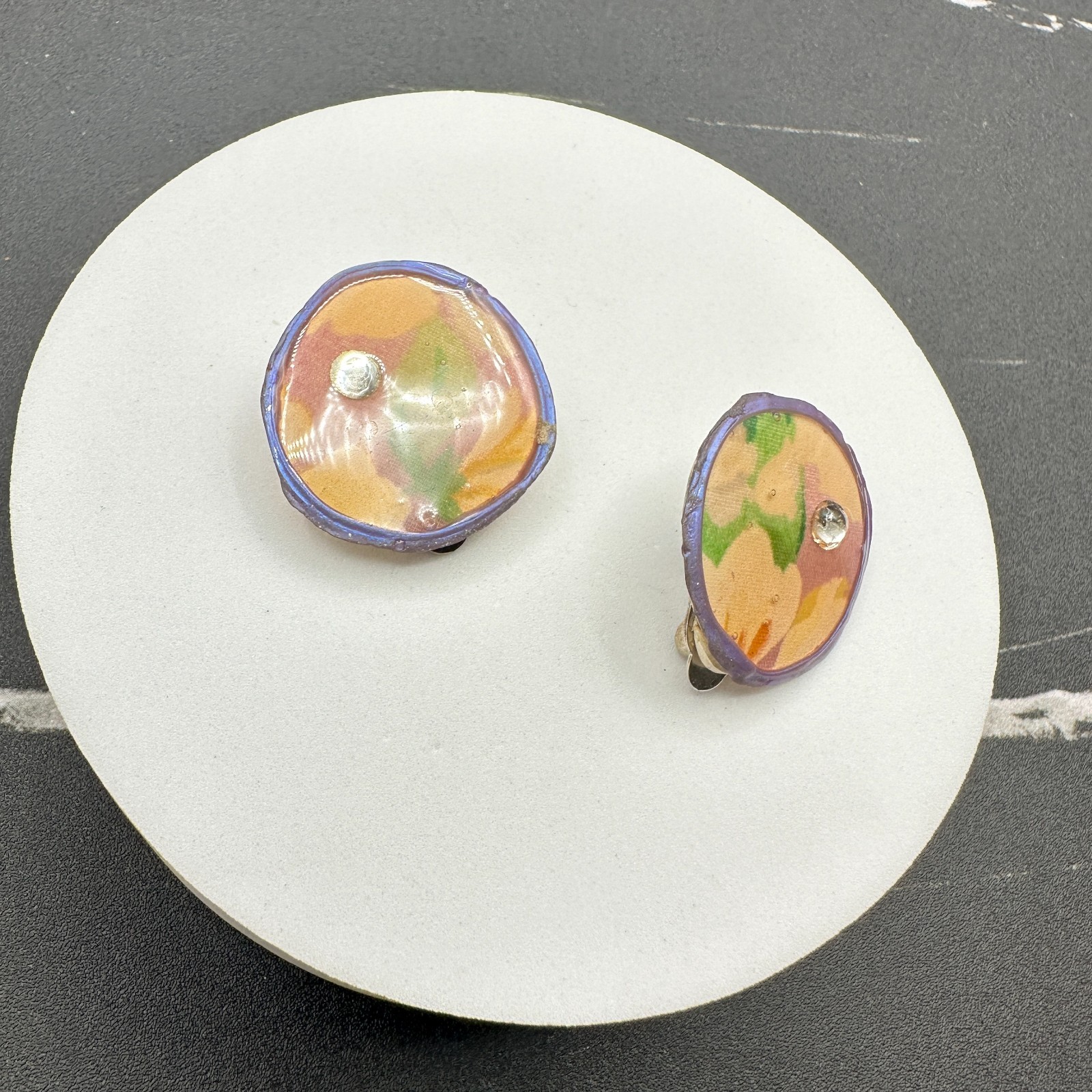 Vintage Handmade Women's Multicolor Tie Dye Floral Fabric Button Stud Earrings - Thumbnail 3