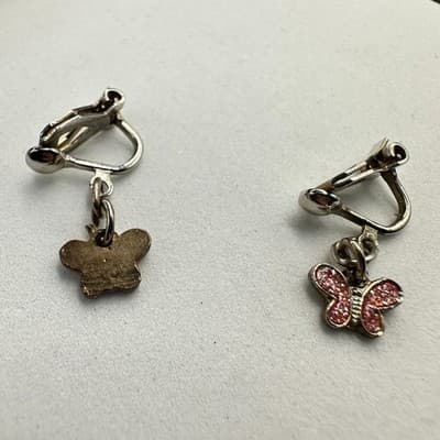 Vintage Women's Silver Tone Red Glitter Butterfly Clip On Beauty Dangle Earrings - Thumbnail 5