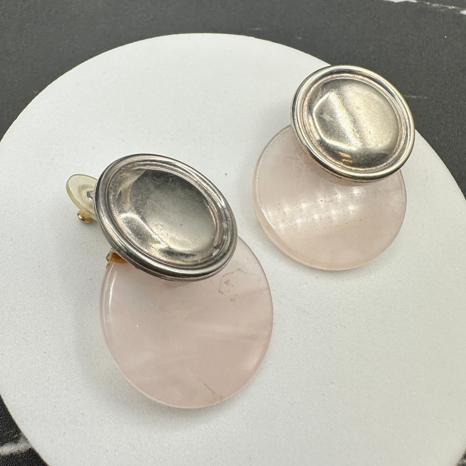 Modern Two-Tone Classic Fashion Aluminium Glass Rose Quartz Drop Stud Earrings - Thumbnail 3