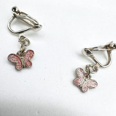 Vintage Women's Silver Tone Red Glitter Butterfly Clip On Beauty Dangle Earrings - Thumbnail 2