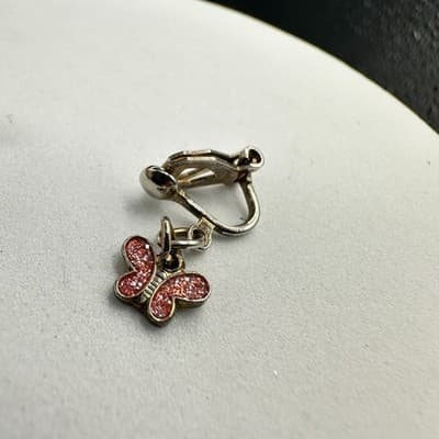 Vintage Women's Silver Tone Red Glitter Butterfly Clip On Beauty Dangle Earrings - Thumbnail 3