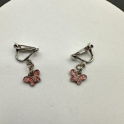 Vintage Women's Silver Tone Red Glitter Butterfly Clip On Beauty Dangle Earrings - Thumbnail 7