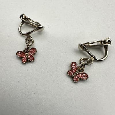 Vintage Women's Silver Tone Red Glitter Butterfly Clip On Beauty Dangle Earrings - Thumbnail 8