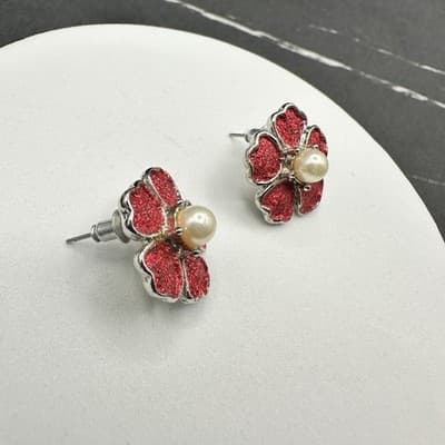 Vintage 90s Silver Tone Red Glitter Flower Stud Earrings Faux Pearl Center Post - Thumbnail 9