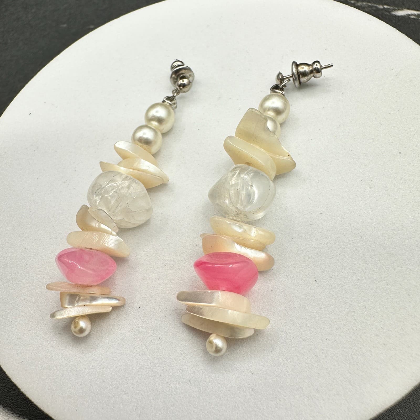 Vintage Handmade Women's Multi Mother Of Pearl Glass Fashion Dangle Earrings - Thumbnail 10