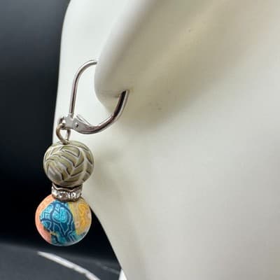 Bohemian Millefiori Rhinestone Clay Beaded Dangle Drop Leverback Earrings - Thumbnail 7