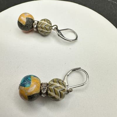 Bohemian Millefiori Rhinestone Clay Beaded Dangle Drop Leverback Earrings - Thumbnail 10