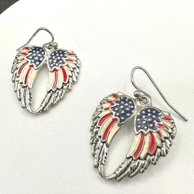 Vintage 90s Angel Wings Patriotic Dangle Earrings Women's Classic Jewelry - Thumbnail 2