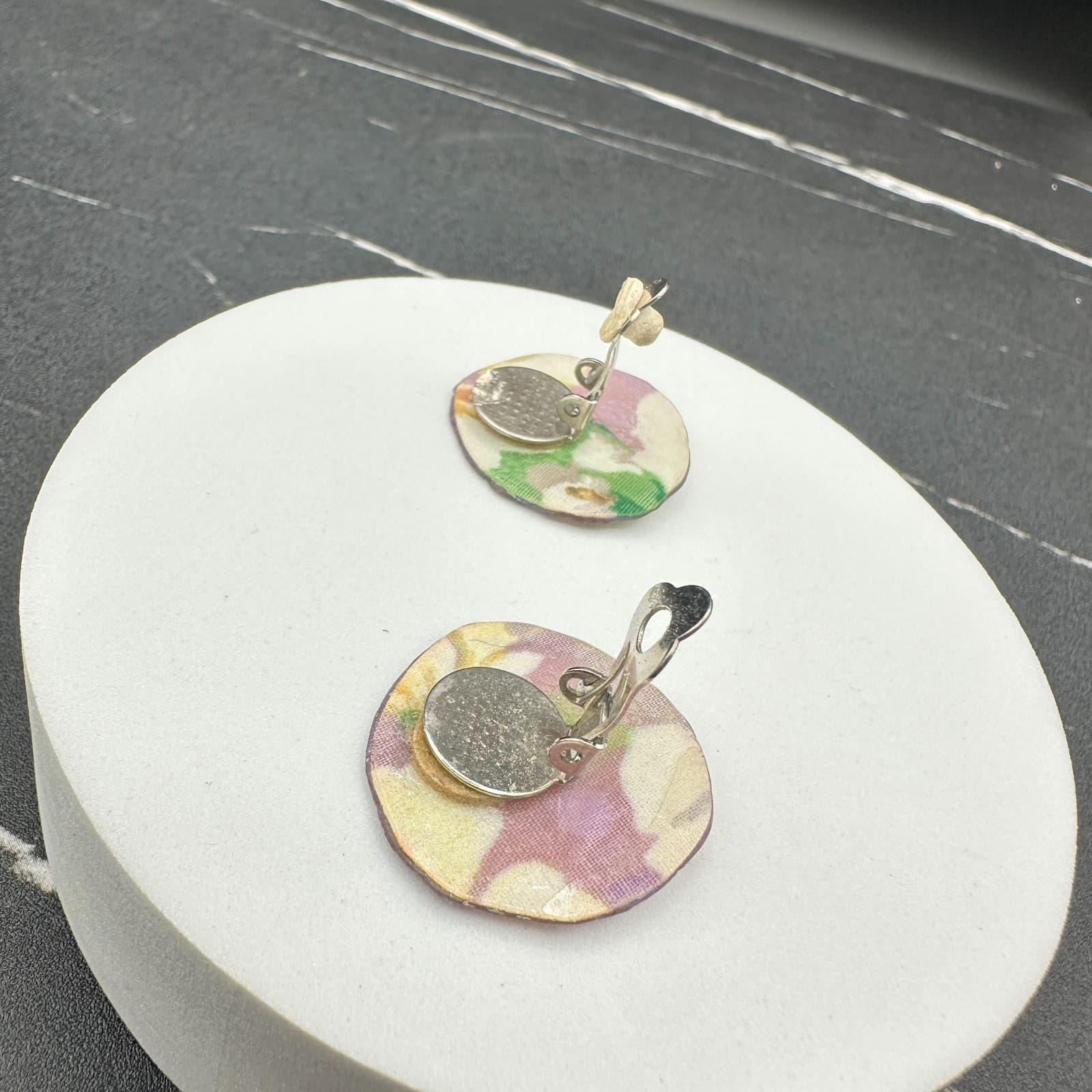 Vintage Handmade Women's Multicolor Tie Dye Floral Fabric Button Stud Earrings - Thumbnail 7