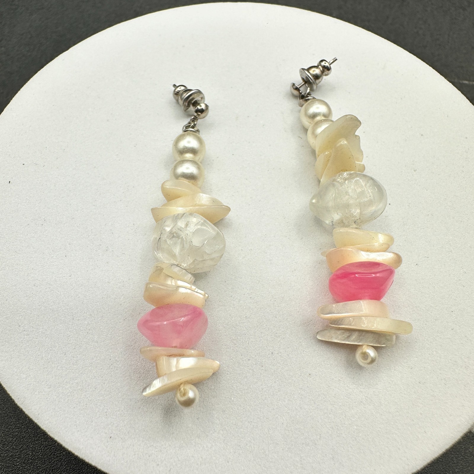 Vintage Handmade Women's Multi Mother Of Pearl Glass Fashion Dangle Earrings - Thumbnail 8