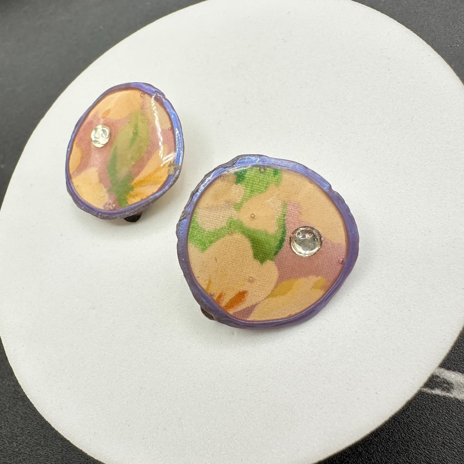 Vintage Handmade Women's Multicolor Tie Dye Floral Fabric Button Stud Earrings - Thumbnail 2
