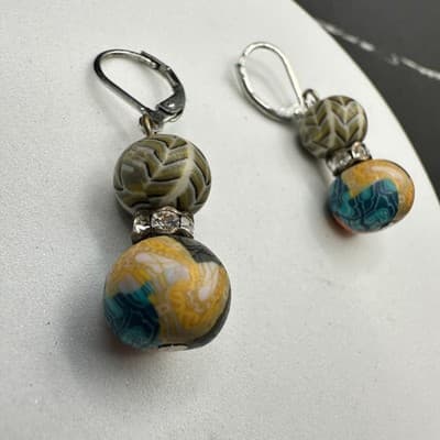 Bohemian Millefiori Rhinestone Clay Beaded Dangle Drop Leverback Earrings - Thumbnail 9