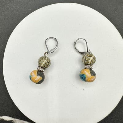 Bohemian Millefiori Rhinestone Clay Beaded Dangle Drop Leverback Earrings - Thumbnail 8