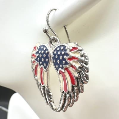Vintage 90s Angel Wings Patriotic Dangle Earrings Women's Classic Jewelry - Thumbnail 3
