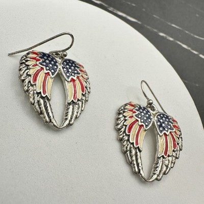 Vintage 90s Angel Wings Patriotic Dangle Earrings Women's Classic Jewelry - Thumbnail 8