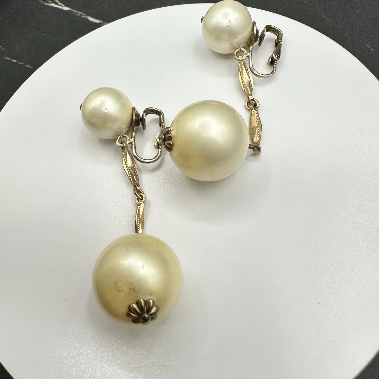 Vintage Handmade Women's Gold Mounted Pearl Beauty Fashion Dangle/Drop Earrings - Thumbnail 8