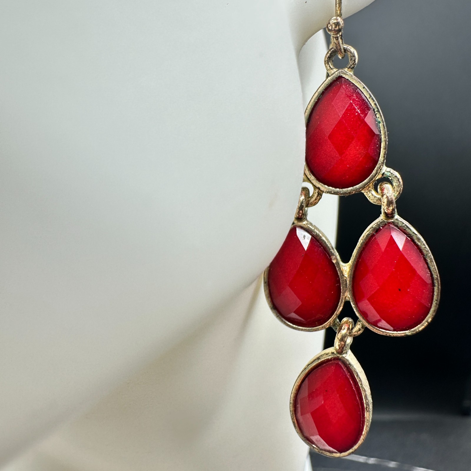 Gold-Tone Faceted Red Glass Stone Teardrop Dangle Drop Chandelier Earrings - Thumbnail 2