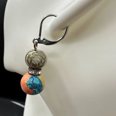 Bohemian Millefiori Rhinestone Clay Beaded Dangle Drop Leverback Earrings - Thumbnail 5