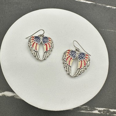 Vintage 90s Angel Wings Patriotic Dangle Earrings Women's Classic Jewelry - Thumbnail 7