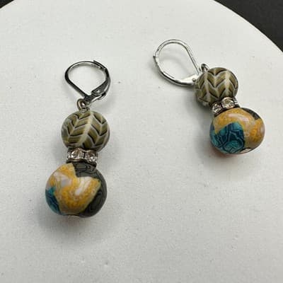 Bohemian Millefiori Rhinestone Clay Beaded Dangle Drop Leverback Earrings - Thumbnail 3