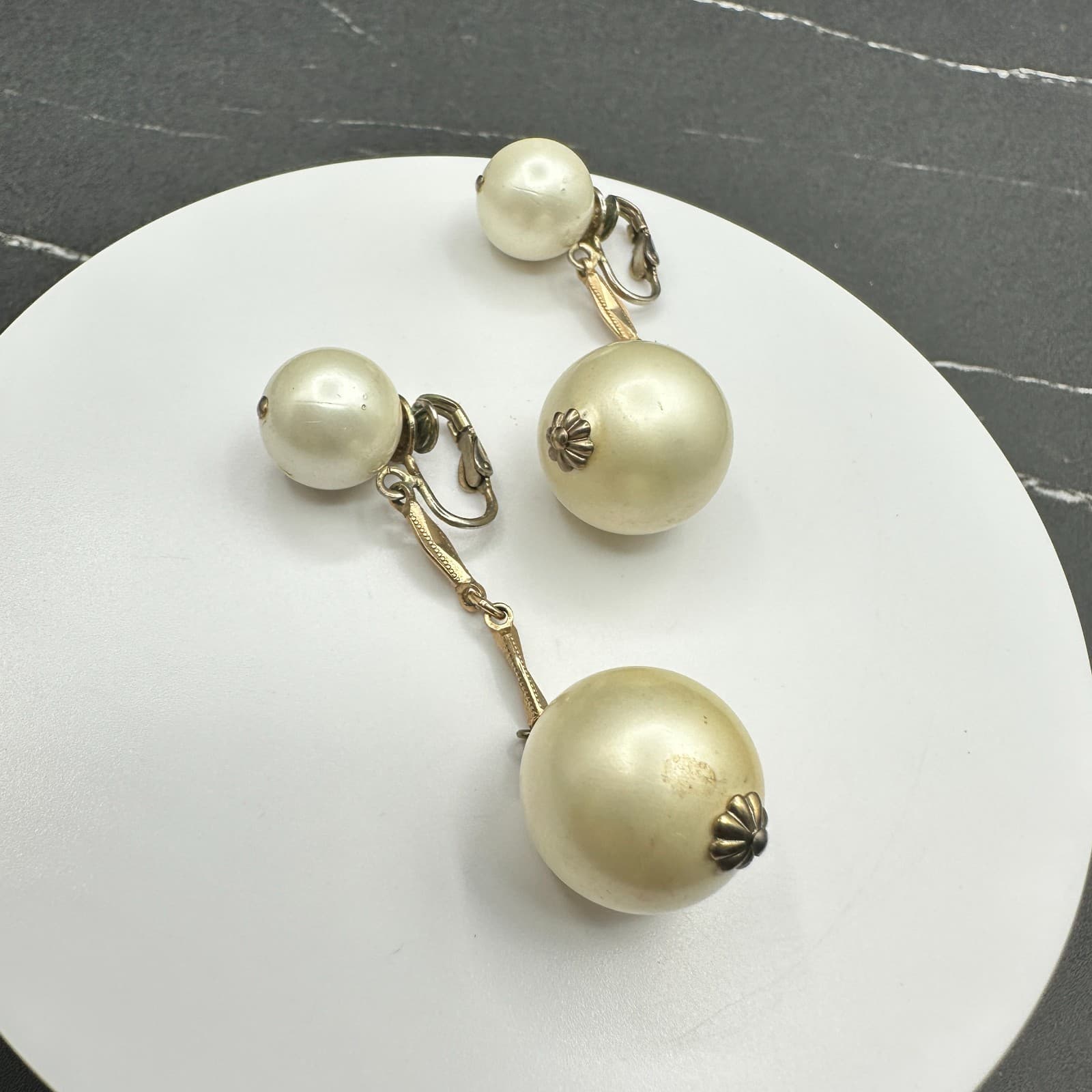 Vintage Handmade Women's Gold Mounted Pearl Beauty Fashion Dangle/Drop Earrings - Thumbnail 7