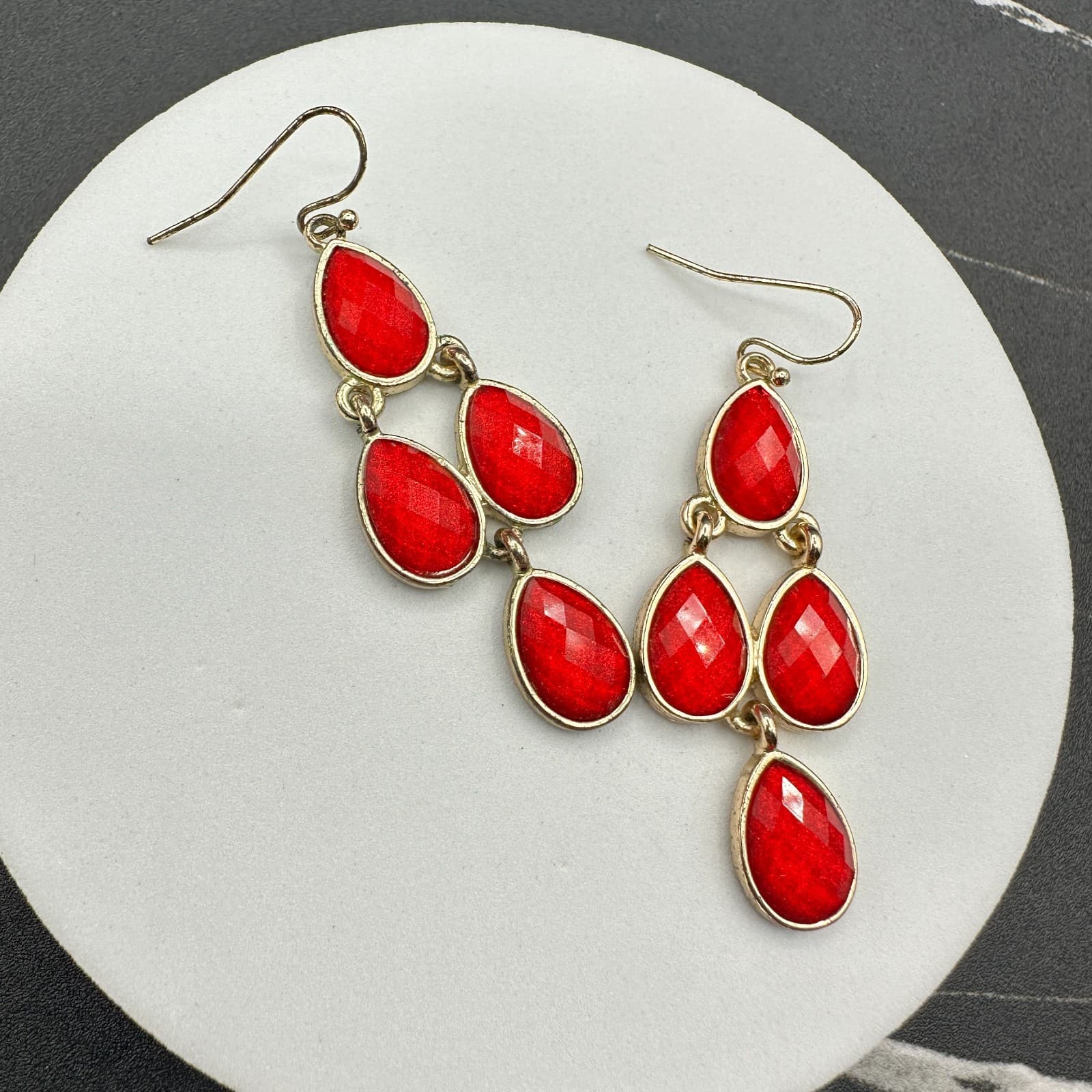 Gold-Tone Faceted Red Glass Stone Teardrop Dangle Drop Chandelier Earrings - Thumbnail 7