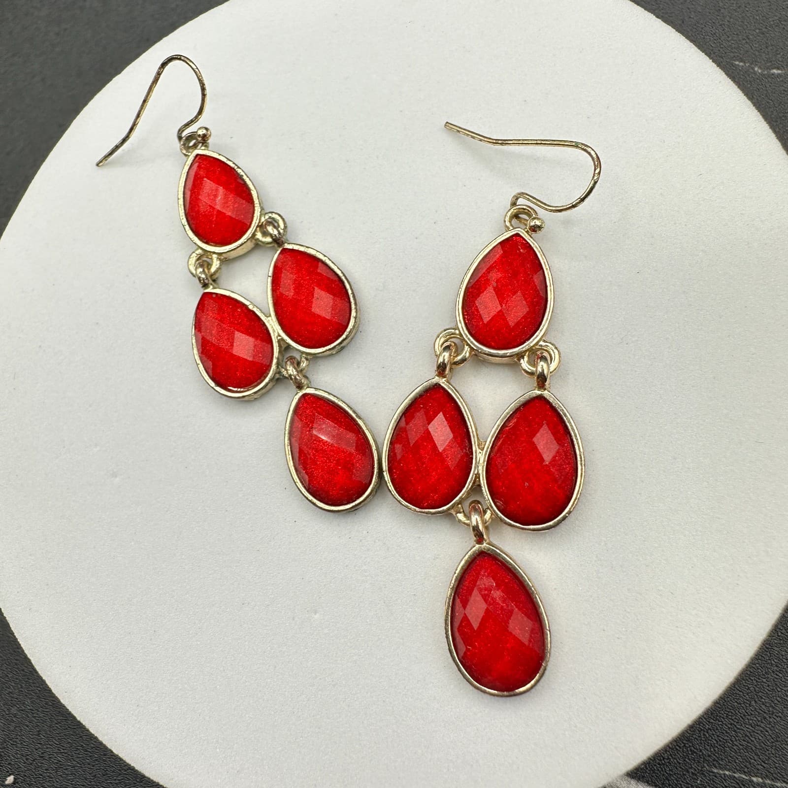 Gold-Tone Faceted Red Glass Stone Teardrop Dangle Drop Chandelier Earrings - Thumbnail 8
