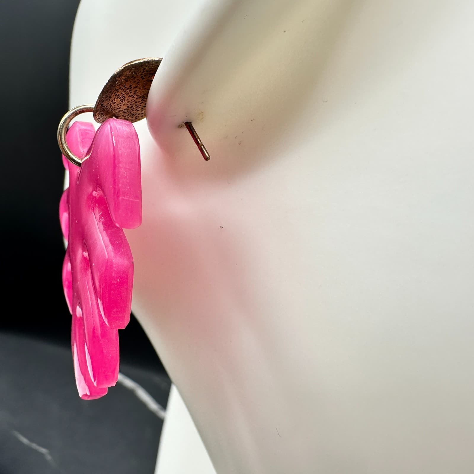 Vintage Handmade Womens Pink Acrylic Tropical Monstera Leaf Drop Earrings - Thumbnail 6