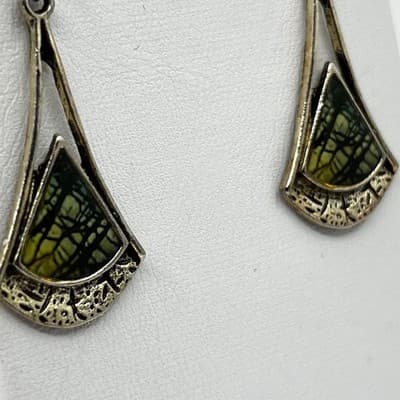 Vintage Silver Tone Spiderweb Jasper Inlay Geometric Fan Drop Earrings Boho Y2K - Thumbnail 2