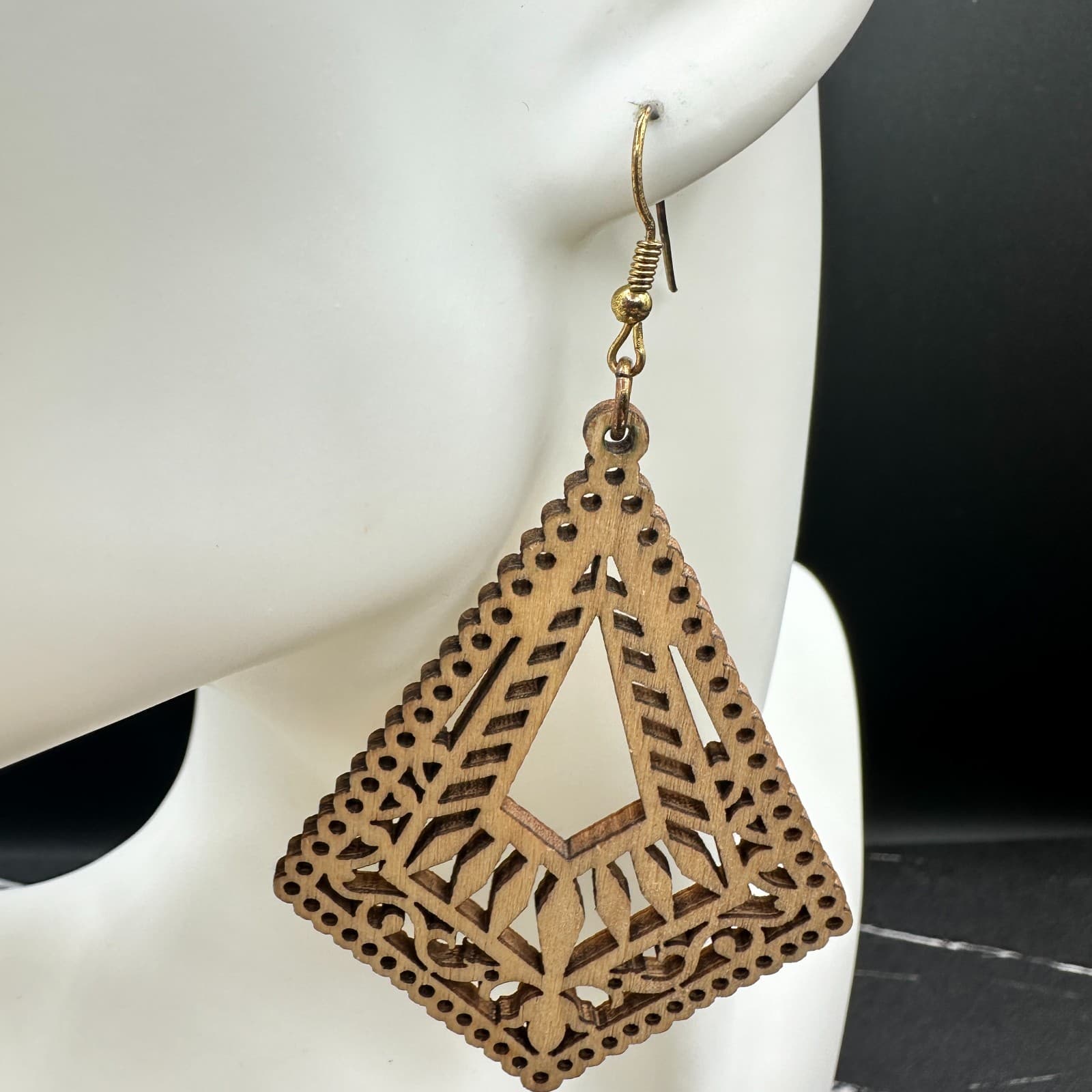 Beige Bohemian Classic Mandala Rhombus Laser-Cut Wood Dangle Hook Earrings - Thumbnail 4