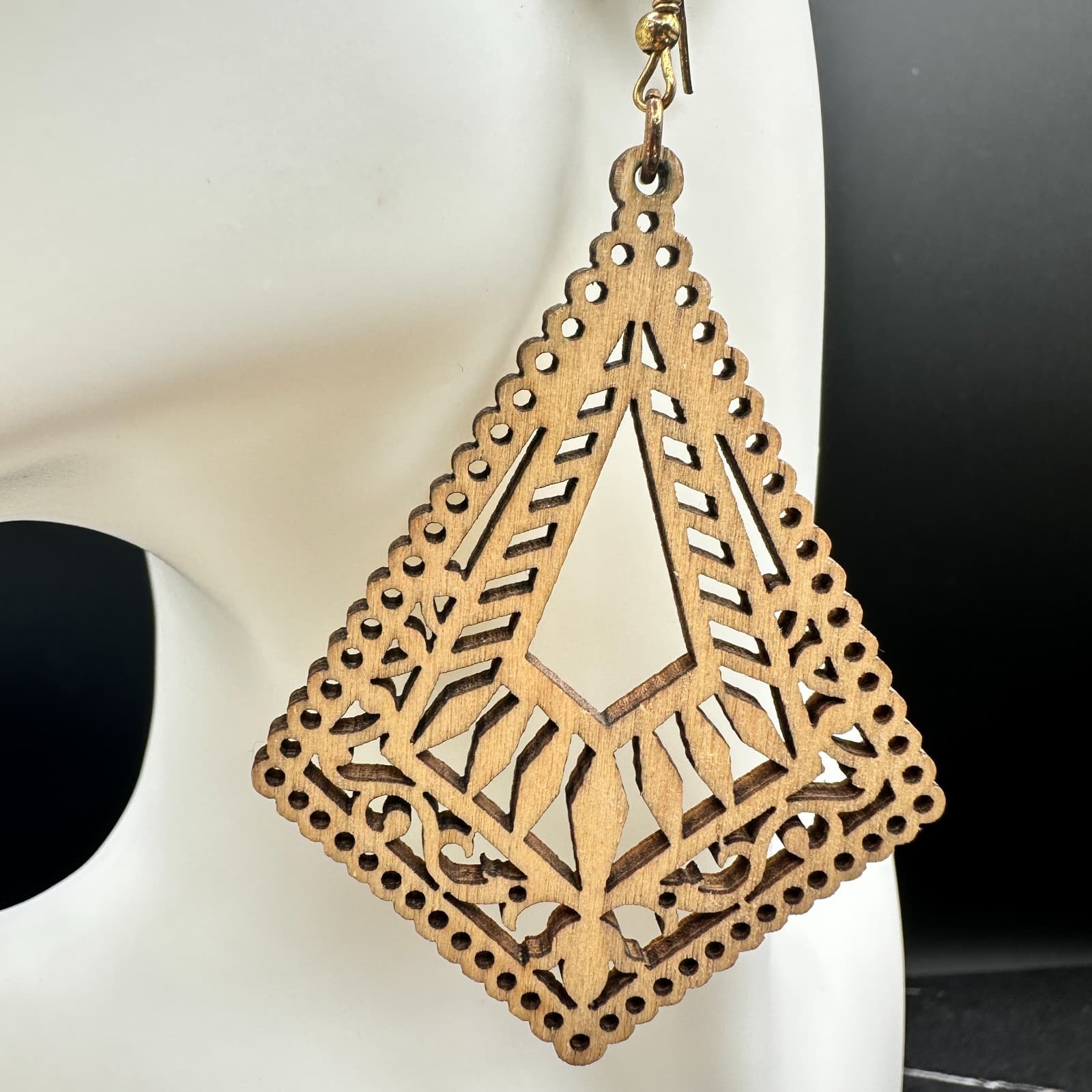 Beige Bohemian Classic Mandala Rhombus Laser-Cut Wood Dangle Hook Earrings - Thumbnail 3