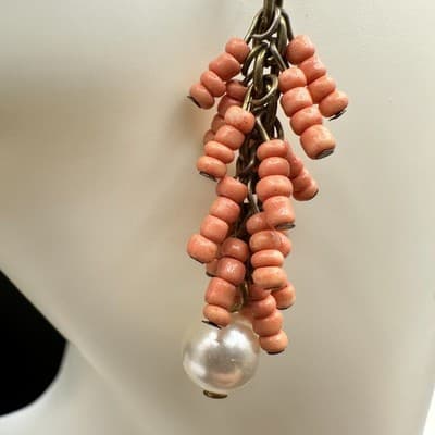 Vintage Handmade Women's Pink Beaded Long Hanging Fashion Dangle Earrings - Thumbnail 4