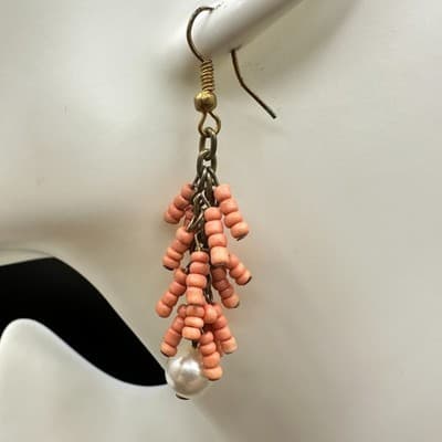 Vintage Handmade Women's Pink Beaded Long Hanging Fashion Dangle Earrings - Thumbnail 3