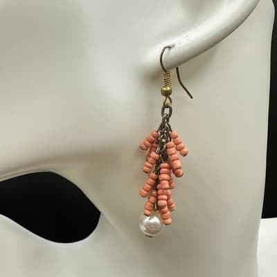 Vintage Handmade Women's Pink Beaded Long Hanging Fashion Dangle Earrings - Thumbnail 2