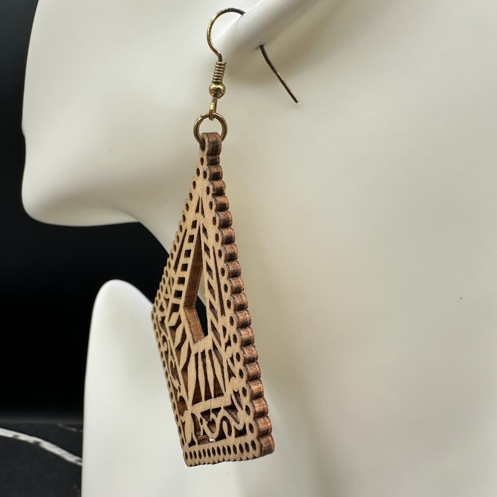Beige Bohemian Classic Mandala Rhombus Laser-Cut Wood Dangle Hook Earrings - Thumbnail 5