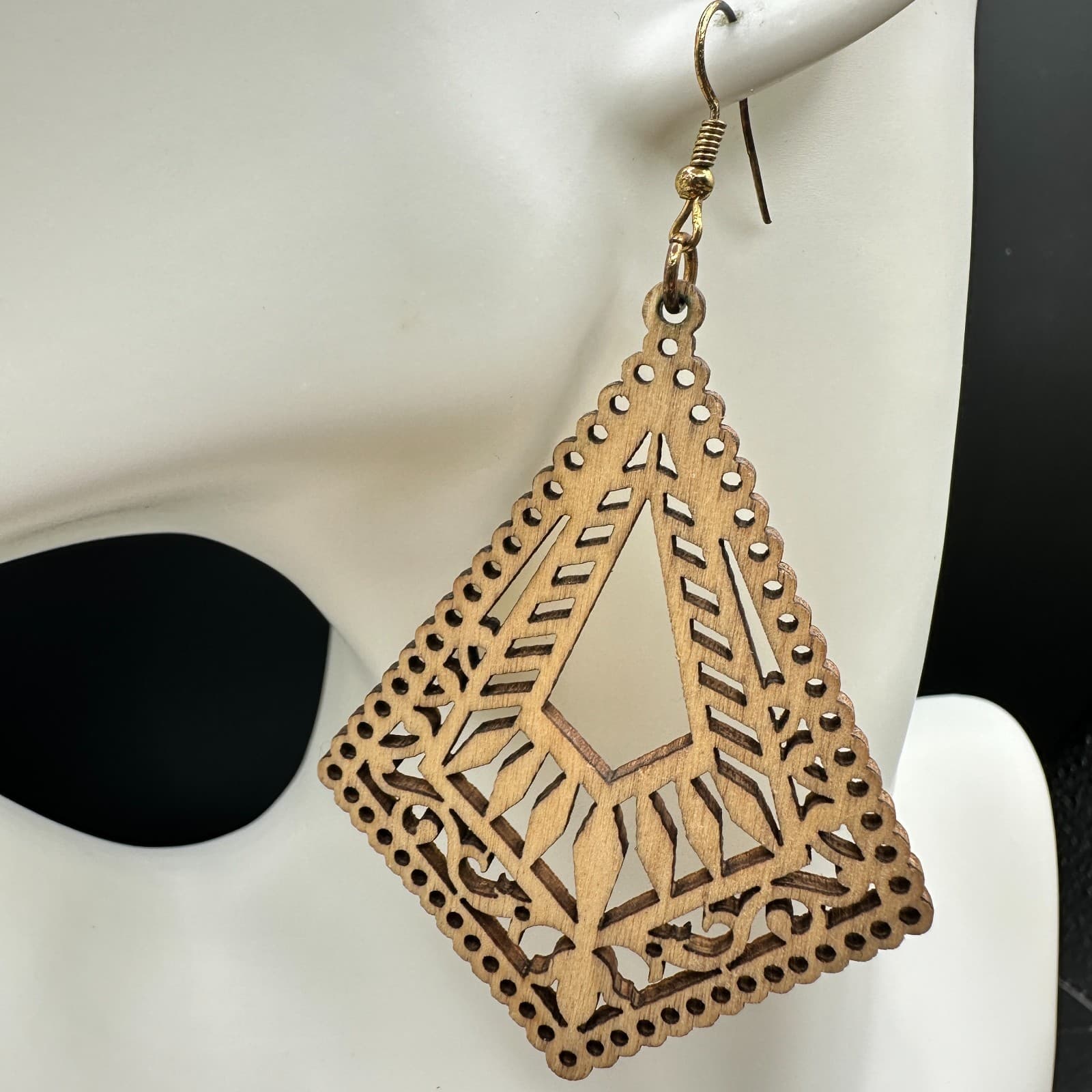 Beige Bohemian Classic Mandala Rhombus Laser-Cut Wood Dangle Hook Earrings - Thumbnail 2