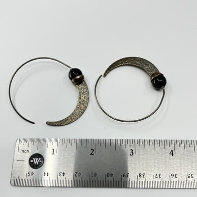 VTG 925 Sterling Silver Hammered Crescent Moon Onyx Hoop Earrings India Tribal - Thumbnail 7