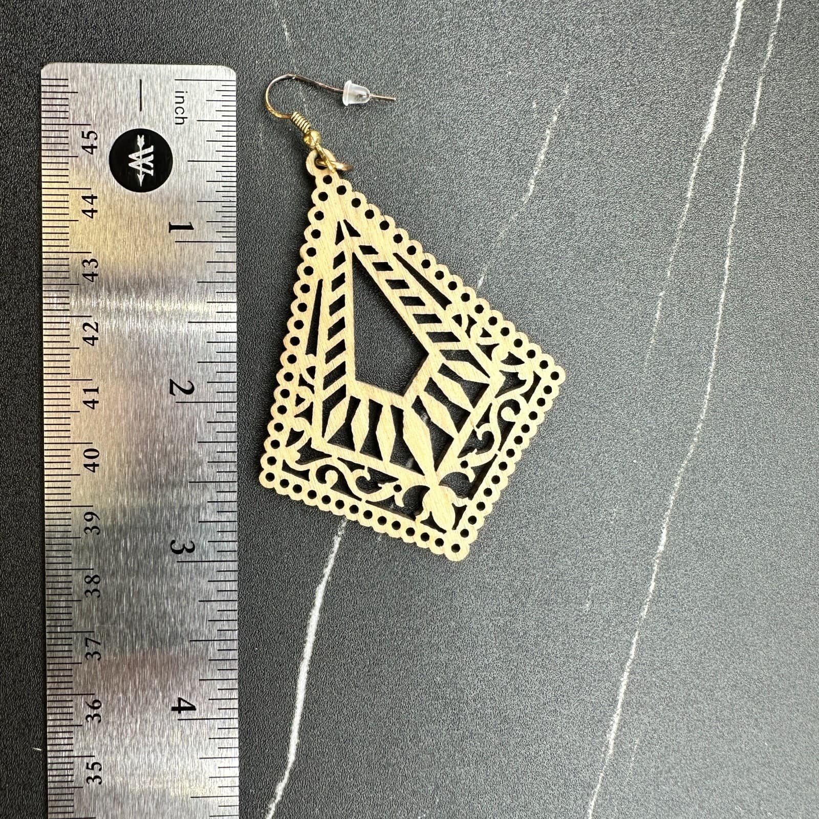 Beige Bohemian Classic Mandala Rhombus Laser-Cut Wood Dangle Hook Earrings - Thumbnail 12
