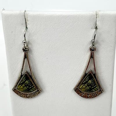 Vintage Silver Tone Spiderweb Jasper Inlay Geometric Fan Drop Earrings Boho Y2K - Thumbnail 5